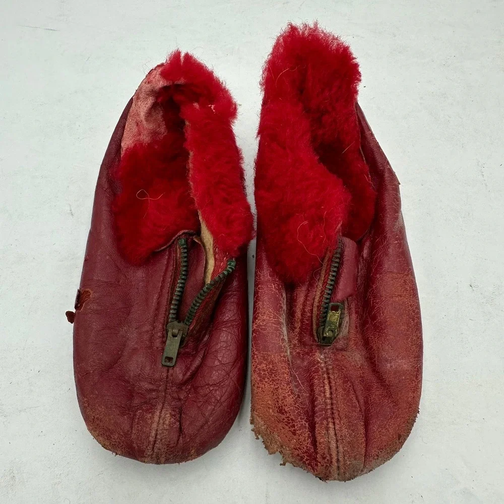 Vintage Kids Red Leather‎ Shearling Lined Zip Up Bootie Slippers Fur Trim Fair